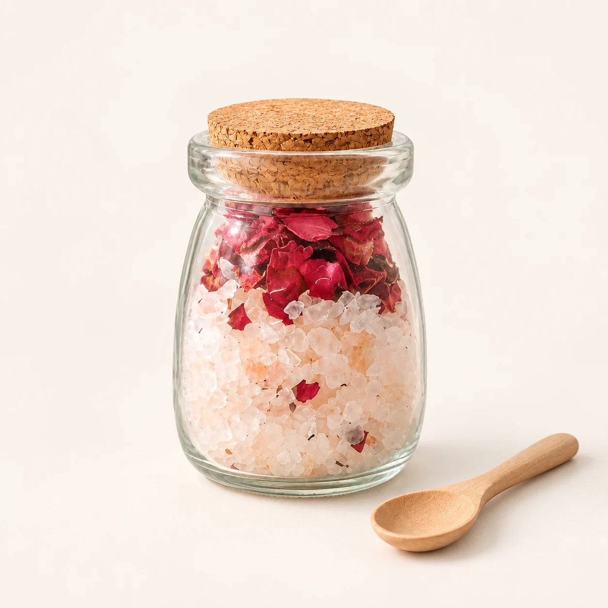 Botanical bath salt in a glass bottle with cork lid and wooden spoon