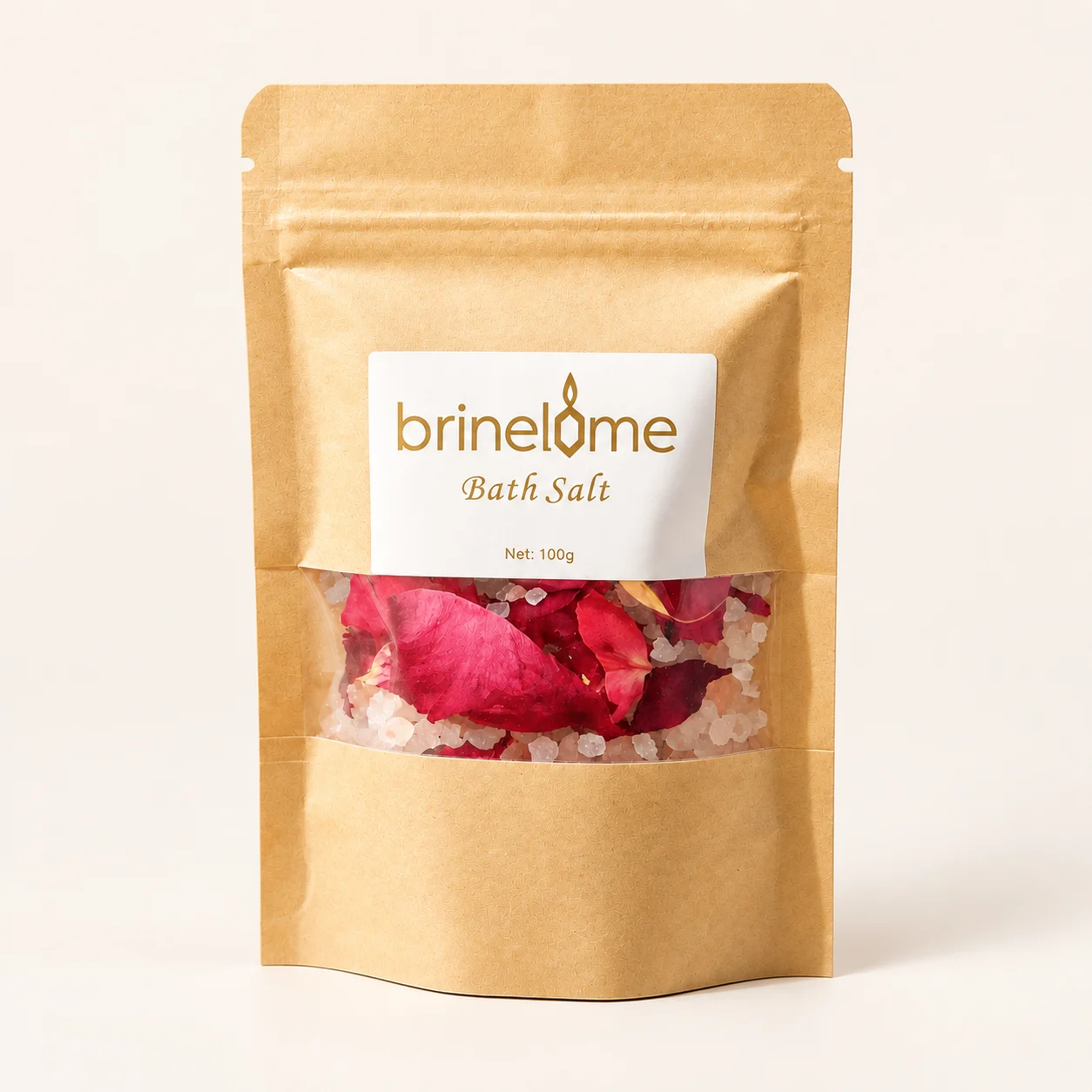 Botanical bath salt in a Brinelume kraft window pouch