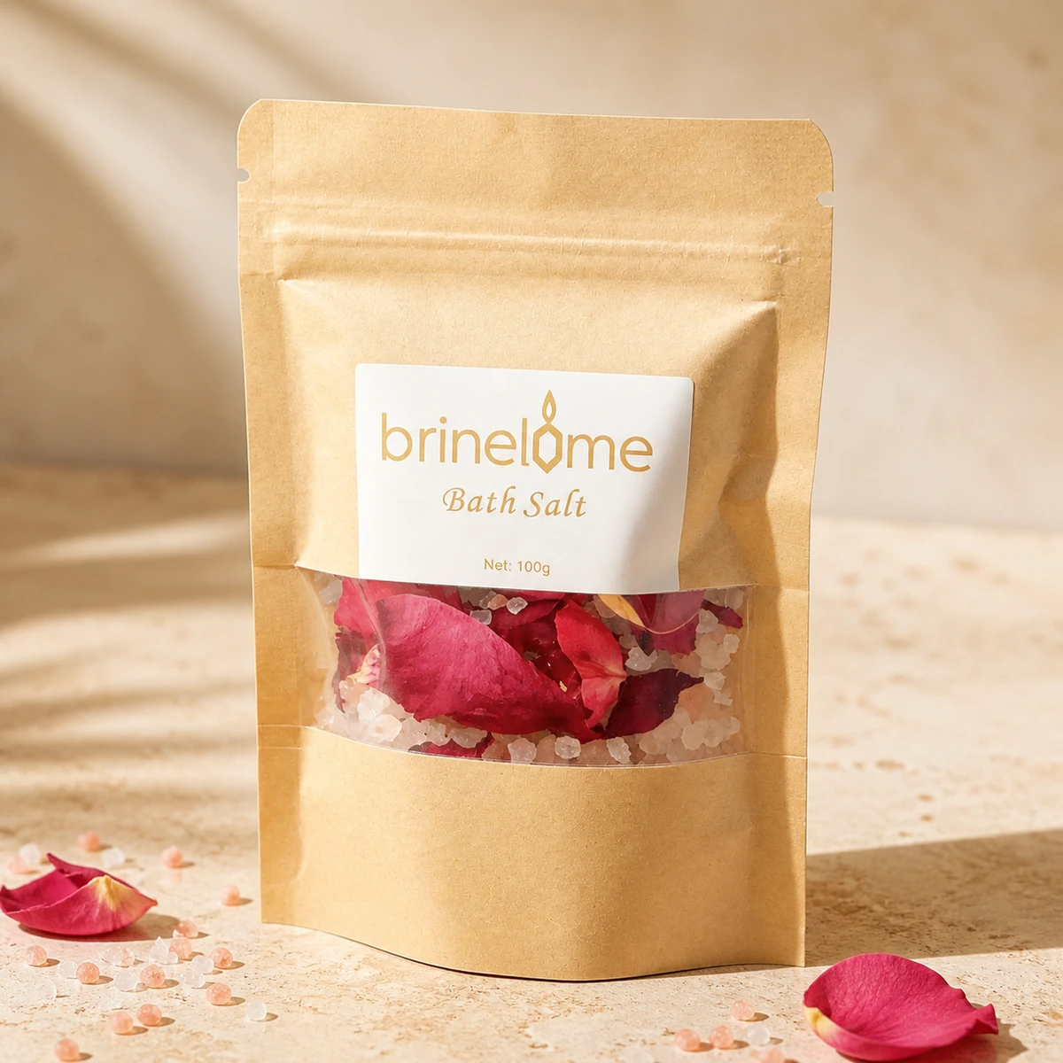 Botanical bath salt in a Brinelume kraft window pouch