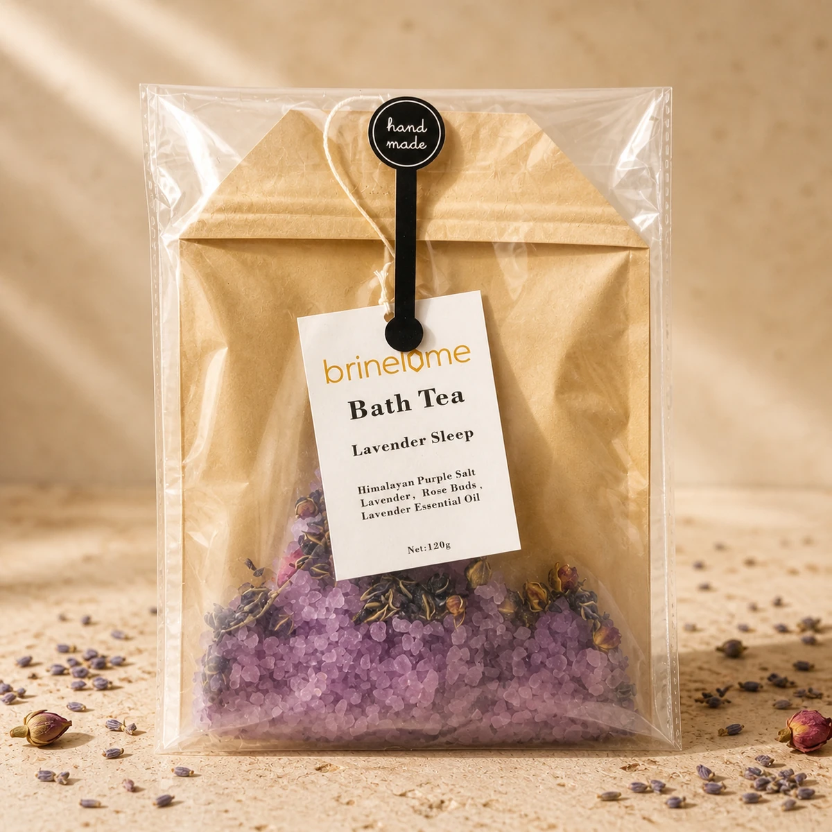 Brinelume Lavender Sleep bath tea sachet in a clear envelope