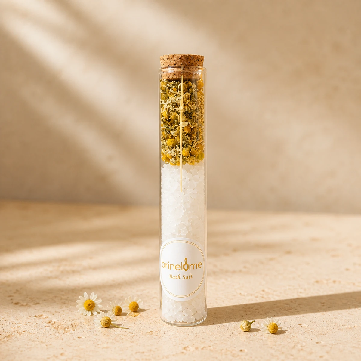 Brinelume floral bath salt in a corked glass tube