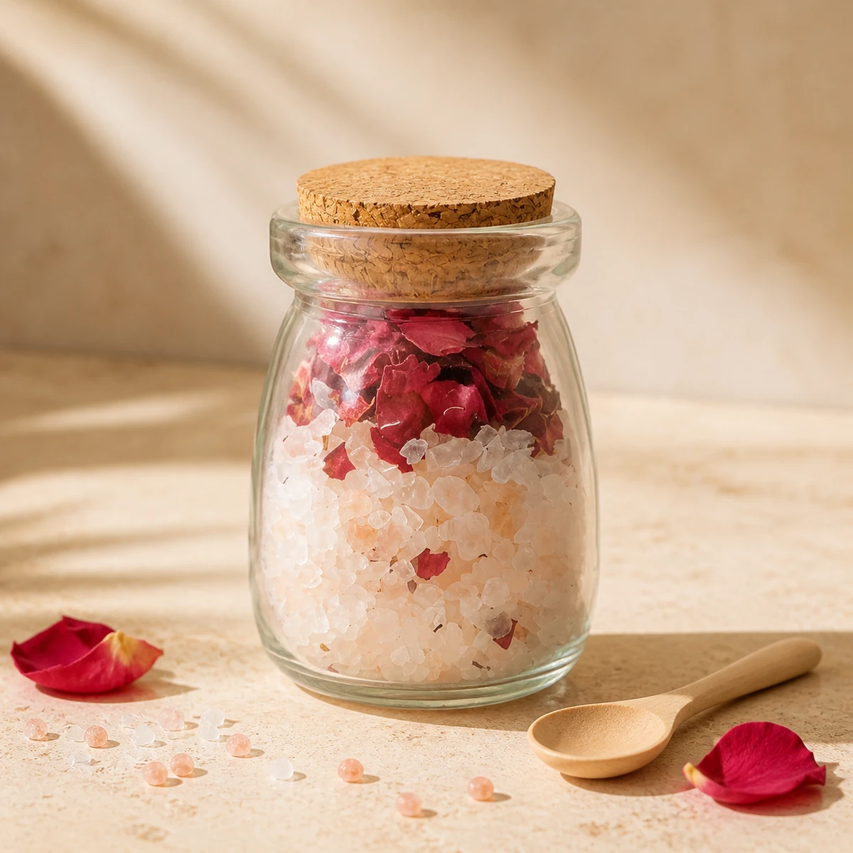 Botanical bath salt in a glass bottle with cork lid and wooden spoon