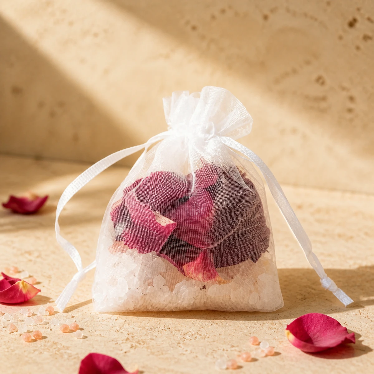 Rose petals and bath salts in a white organza sachet