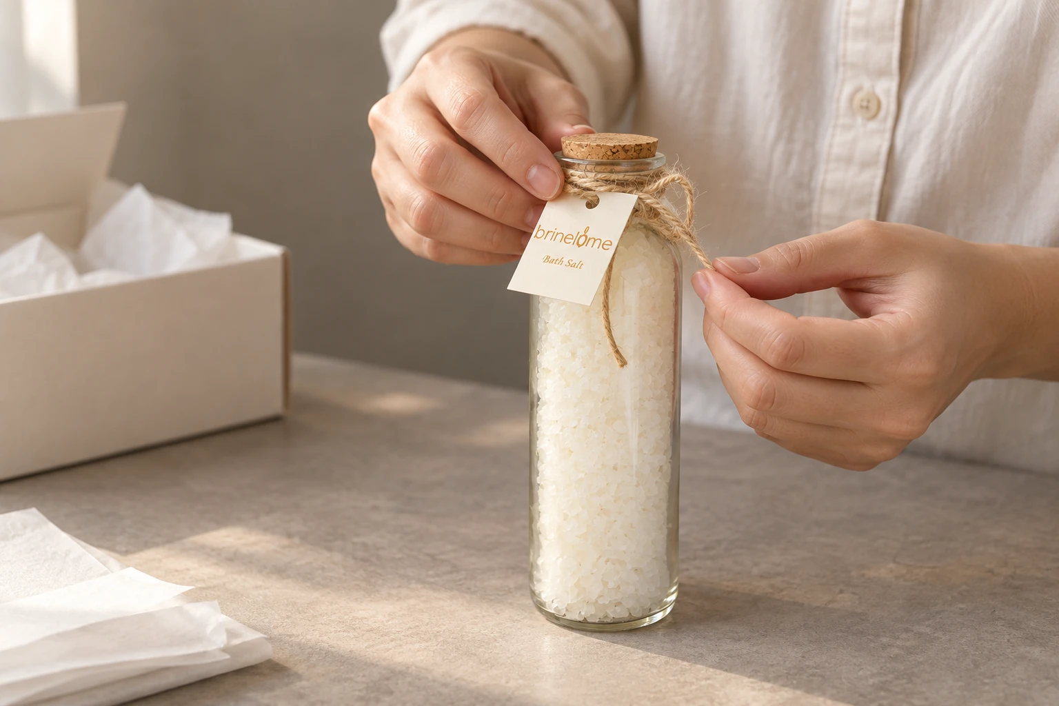 Hands securing a Brinelume tag to a corked bath-salt bottle beside packing materials