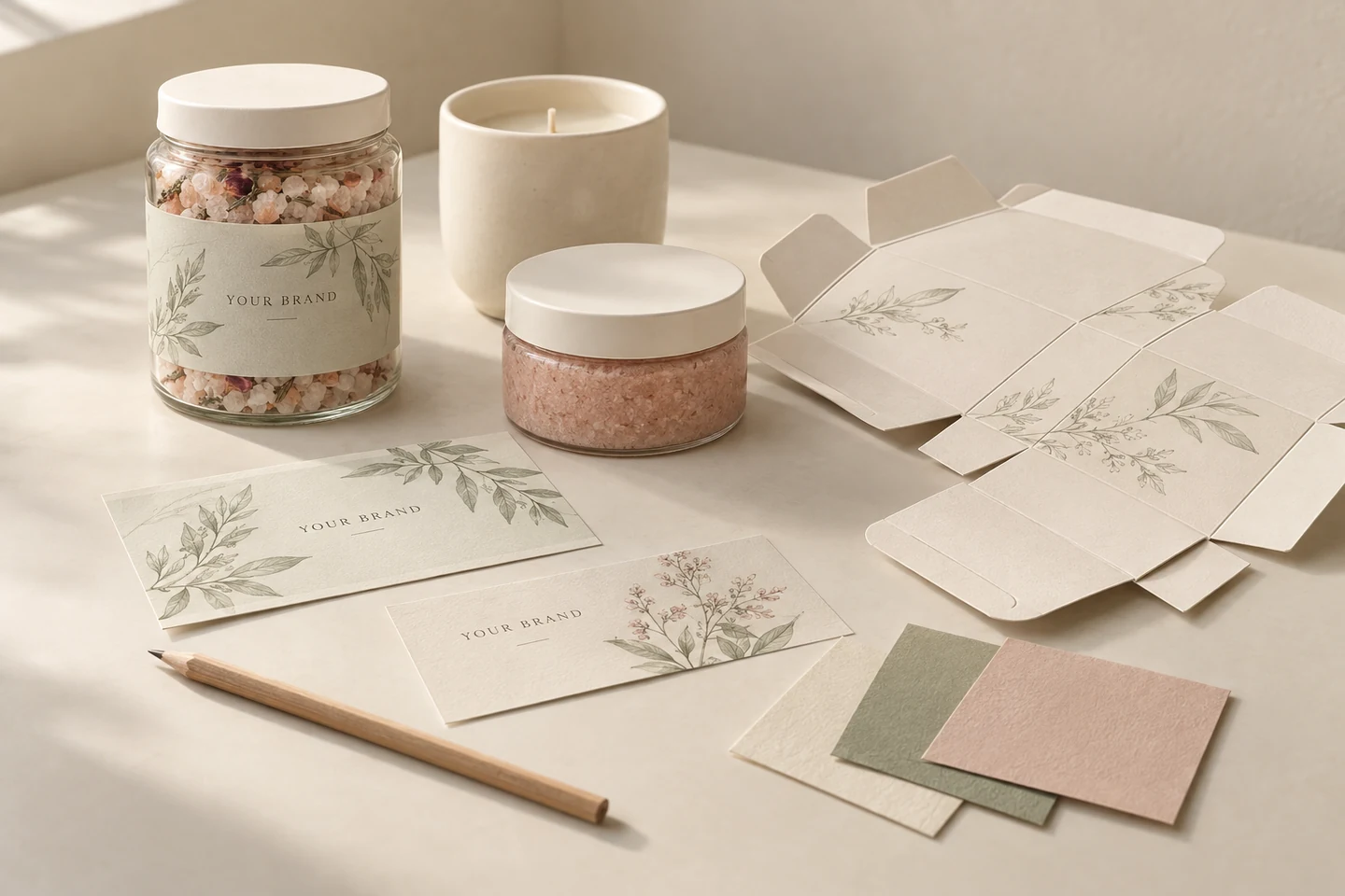 Botanical product samples with coordinated label proofs, a carton layout and paper swatches.