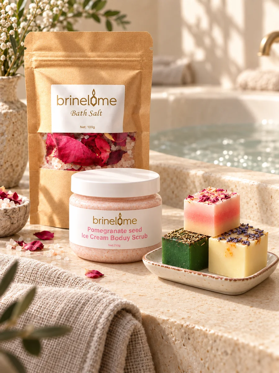 Botanical bath salts, body scrub and floral soaps beside a sunlit bath.