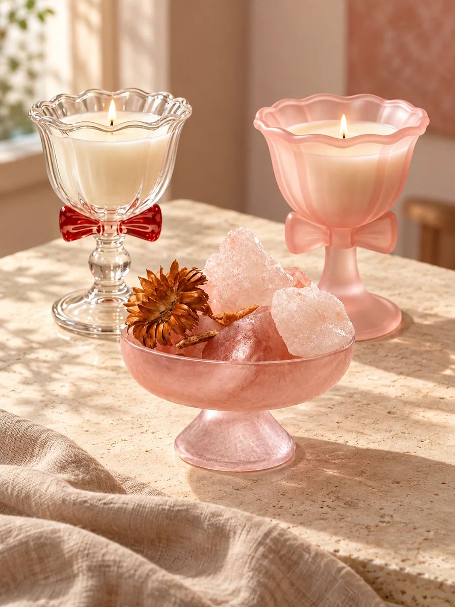 Scalloped glass candles and a pink salt crystal diffuser in warm window light.