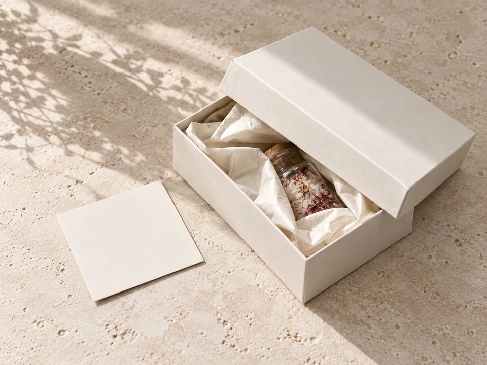 An illustrative packaging detail with ivory tissue paper and a botanical bath salt bottle.