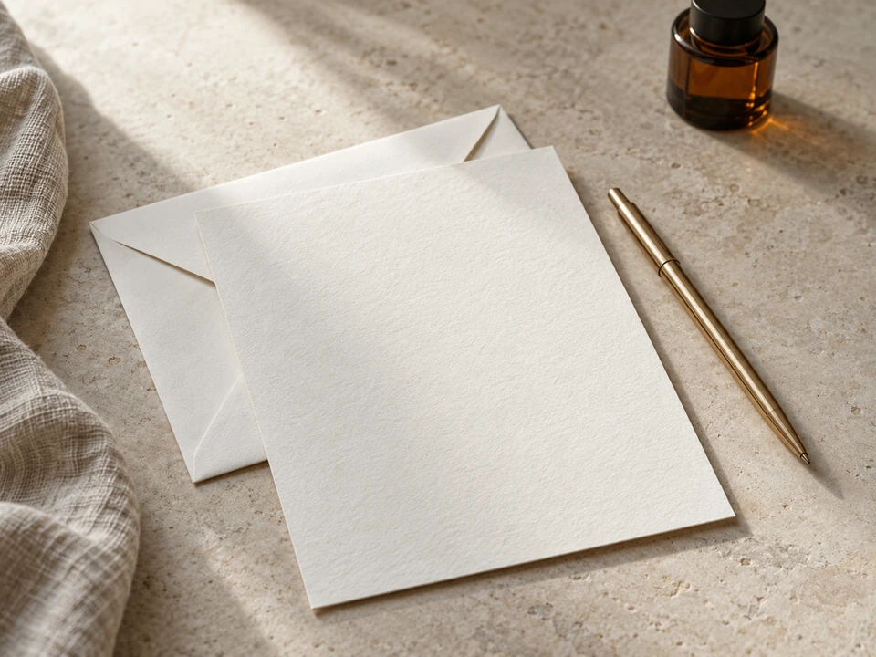 A quiet correspondence still life with ivory stationery, a pen and an amber bottle.