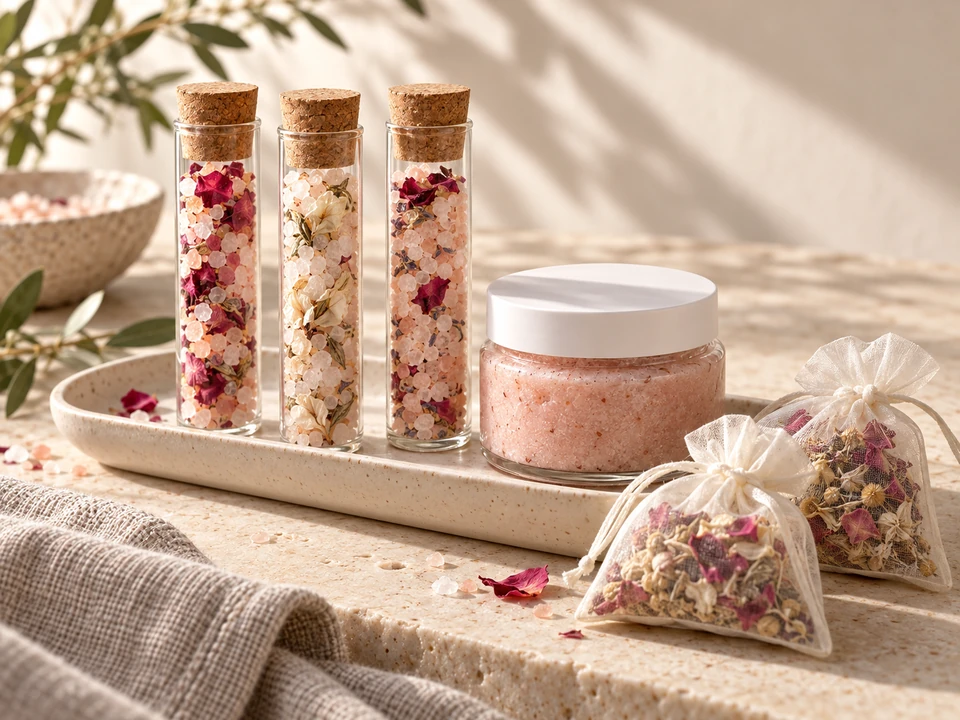 Botanical bath salts, body scrub and bath tea arranged on an ivory tray in natural light.
