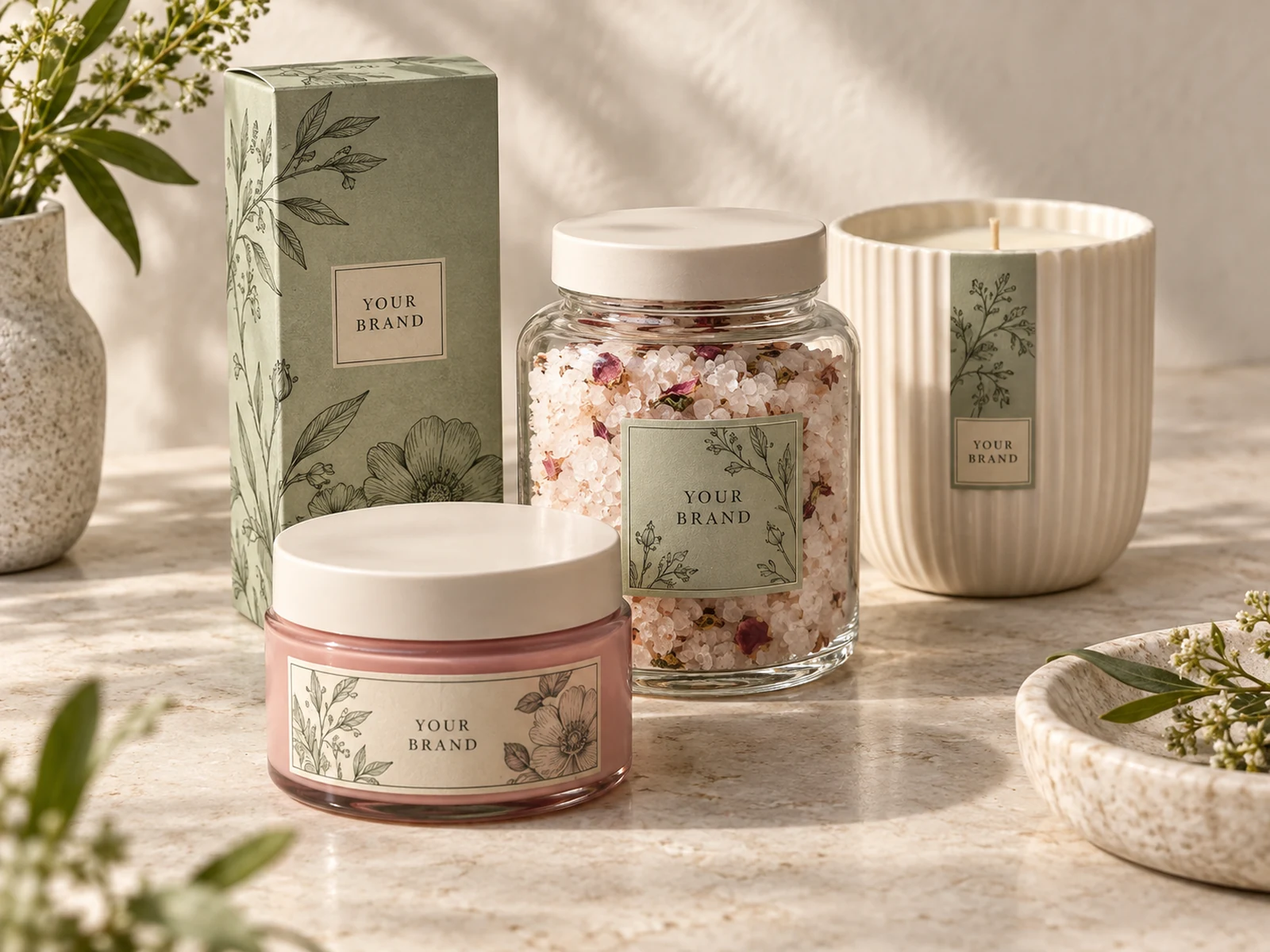 Private label packaging concept for a coordinated bath salt, body care and candle collection