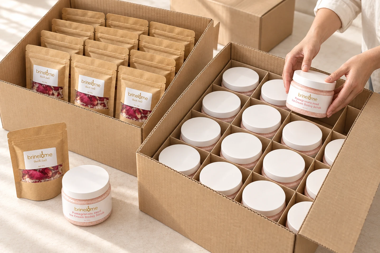 Brinelume bath salts and body scrub packed in rows inside open shipping cartons, with a jar being placed into a divided box.