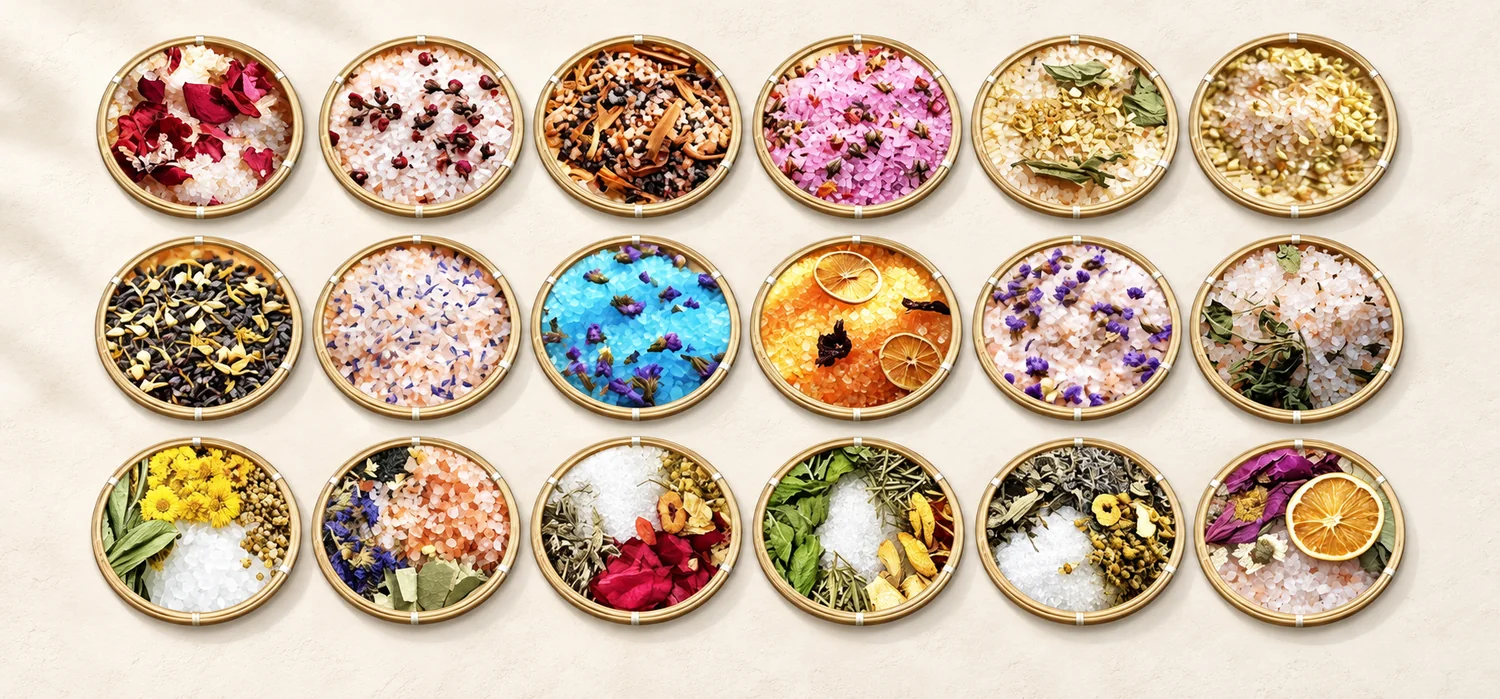 Eighteen Brinelume botanical bath salt blends arranged in three rows, enhanced from our product catalog.