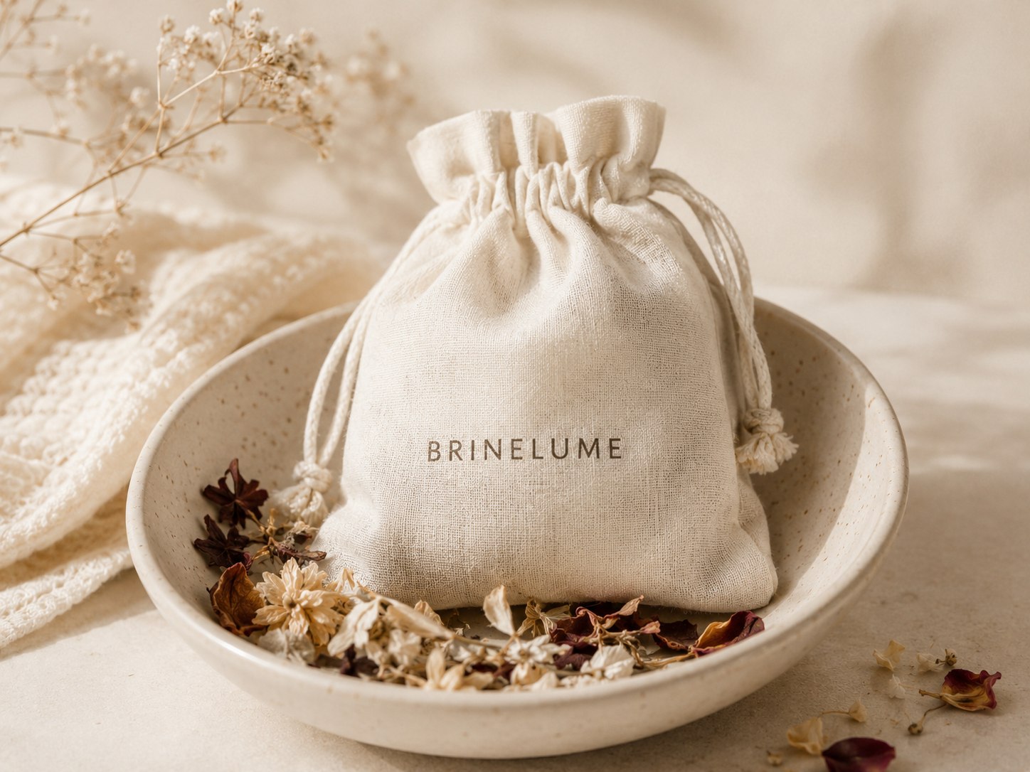 Brinelume bath tea sachet in a ceramic bowl with botanicals