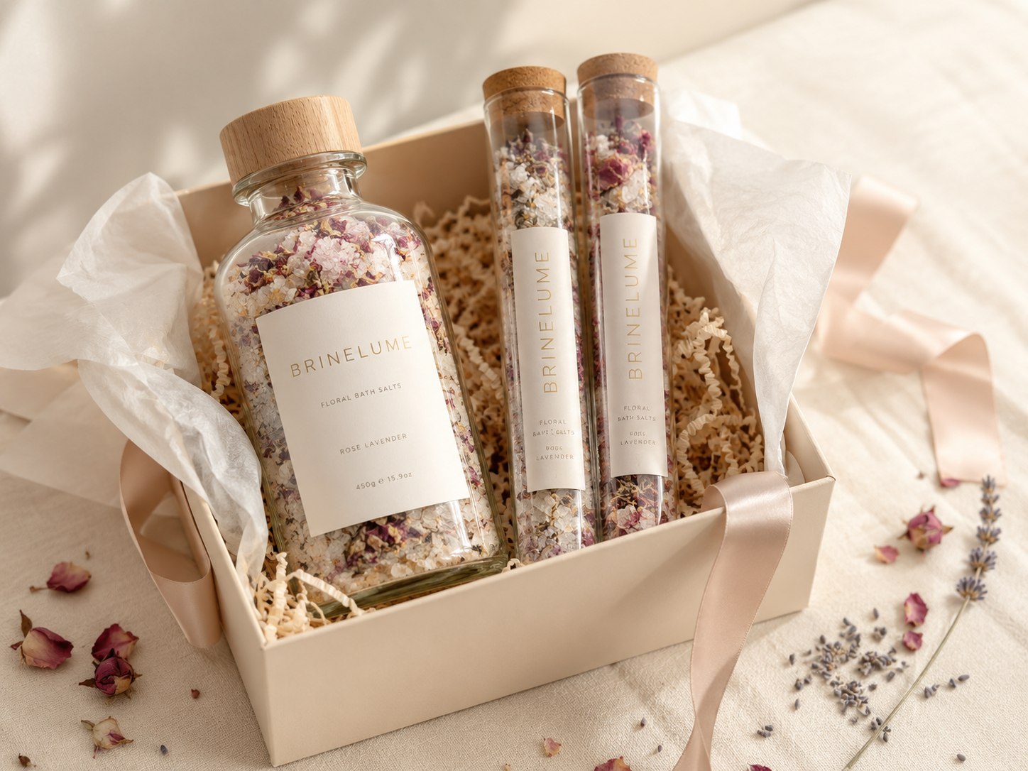 Brinelume bath salt bottle and floral bath salt tubes arranged in a gift box