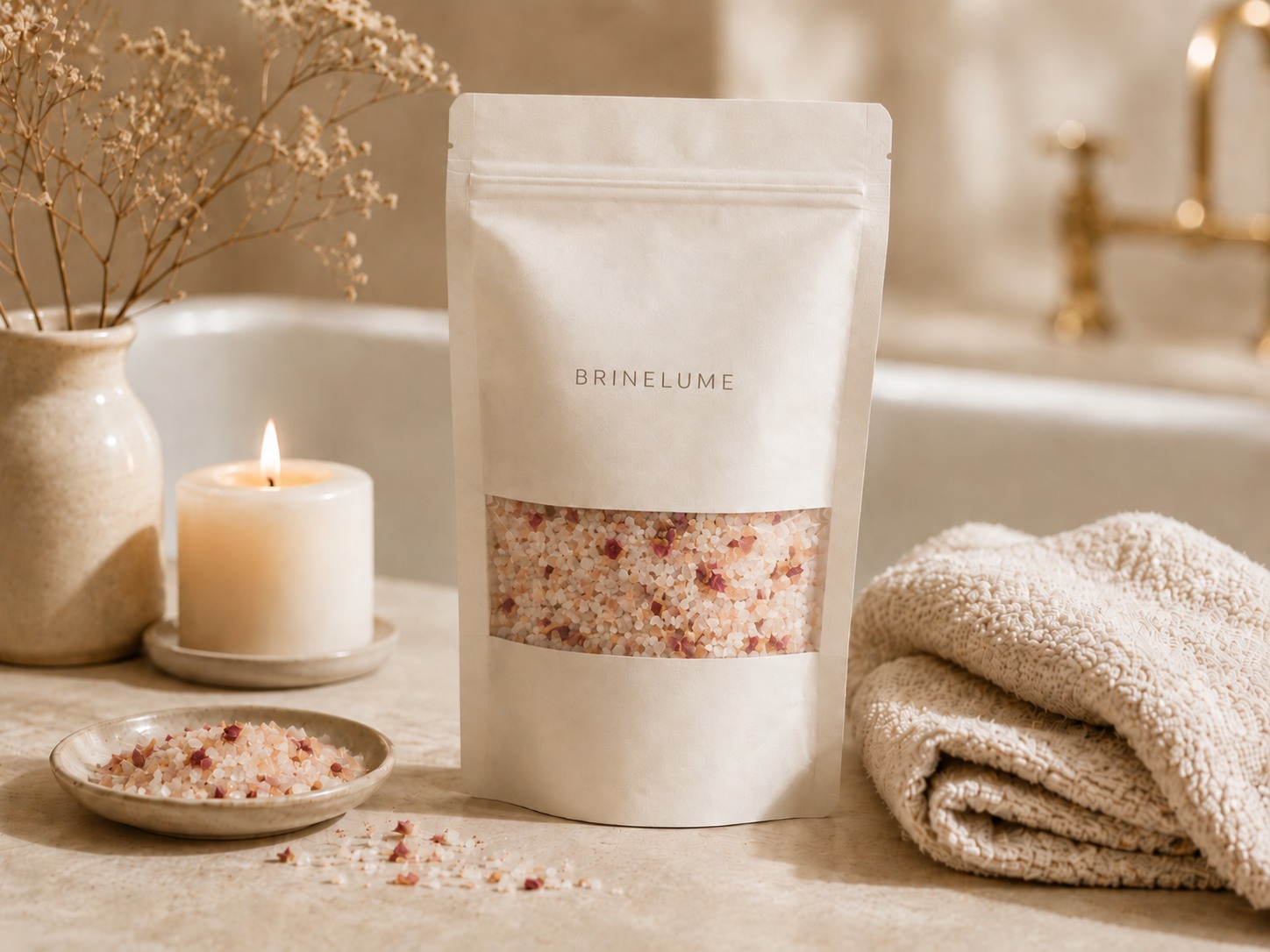 Brinelume Salt and Soak pouch beside a candle and towel
