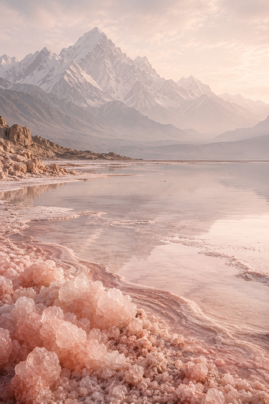 Himalayan salt crystals beside a soft mountain salt lake landscape