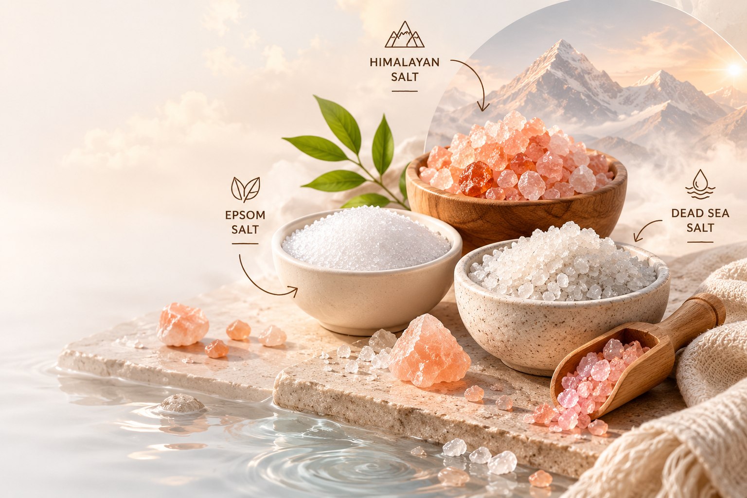 Himalayan, Epsom and Dead Sea bath salts displayed side by side