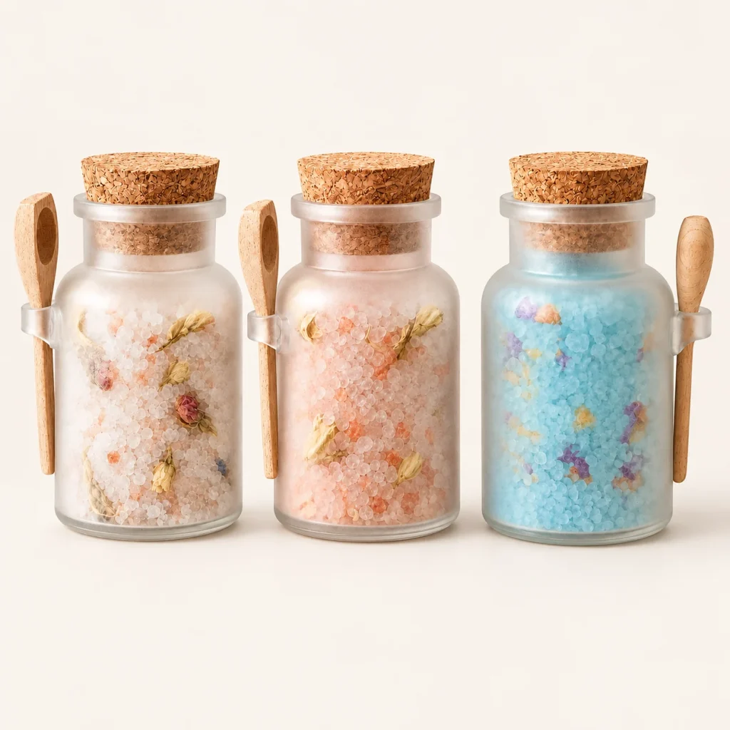 Bath Salts in a Round Bottle with Wooden Spoon