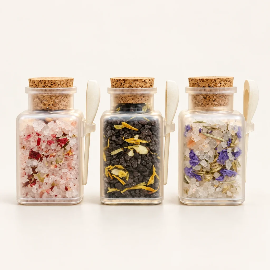 Bath Salts in a Square Bottle with Wooden Spoon