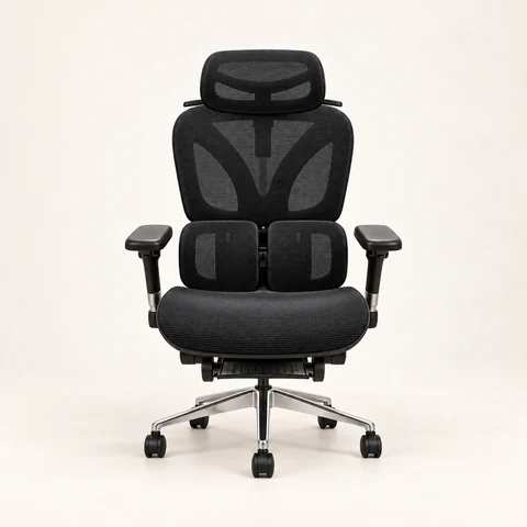 Front view of a black ergonomic mesh chair with headrest, lumbar support and armrests.