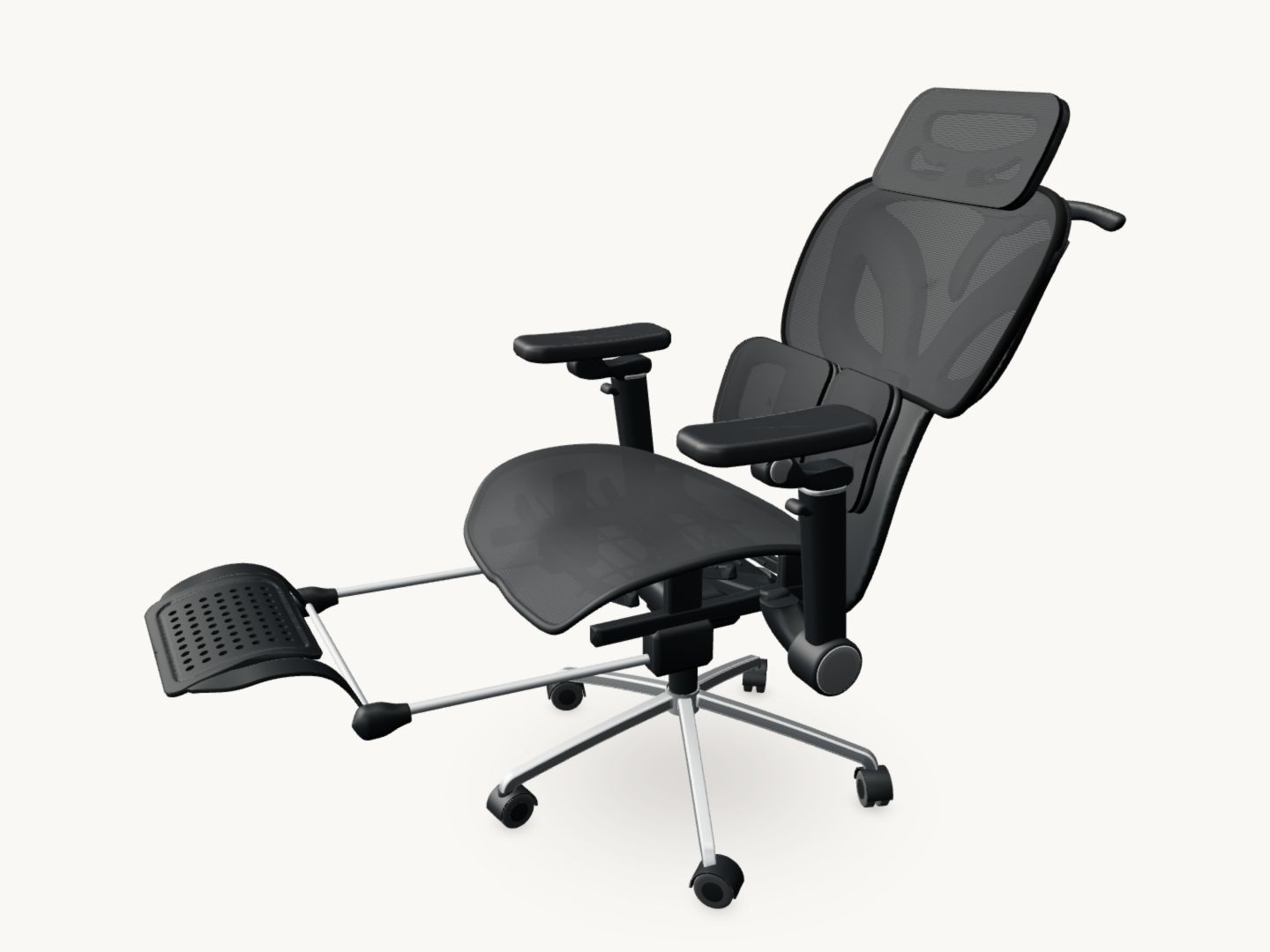 The chair reclined with its footrest extended, shown in full from headrest to wheels.