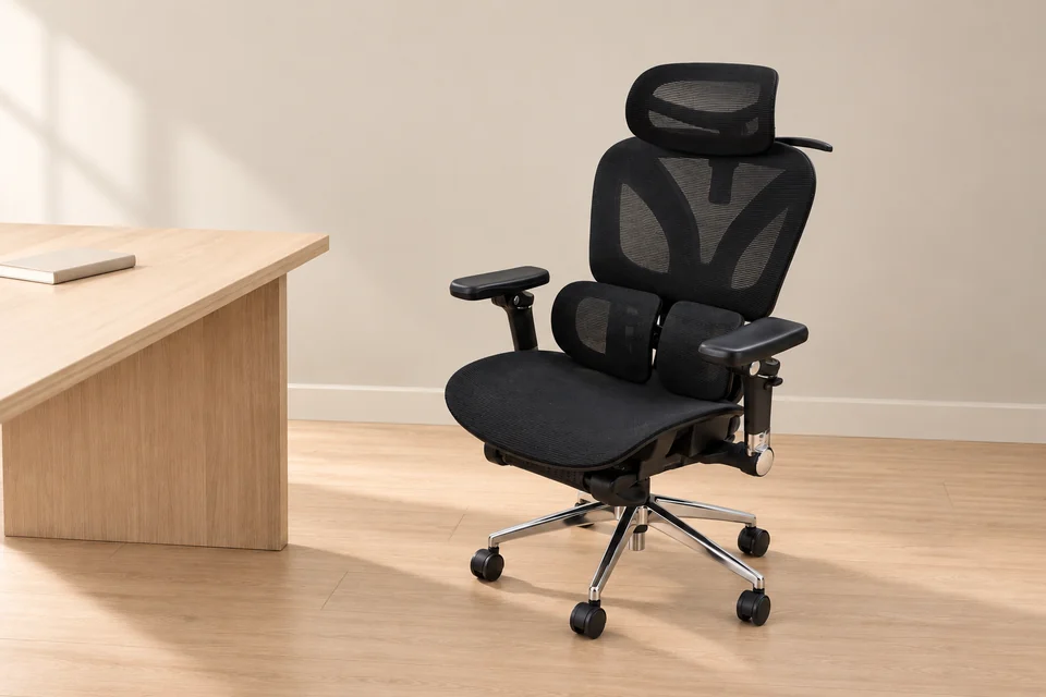 Black ergonomic mesh chair beside a light wood desk in a warm, uncluttered home workspace.